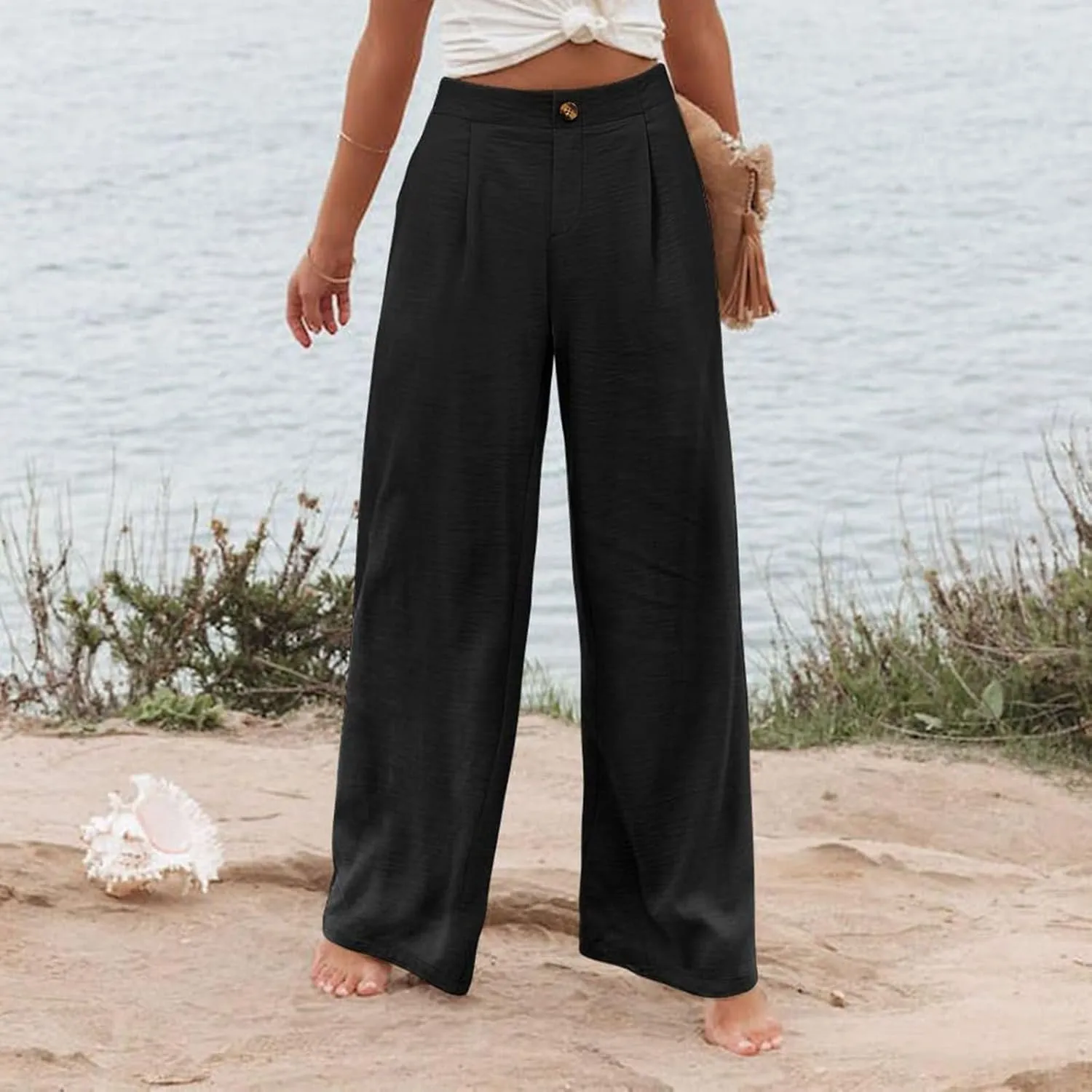 Mmoneyake Wide Leg Pants for Women High Waist Long Palazzo Pants Button Down Loose Business Work Office Trousers with Pockets