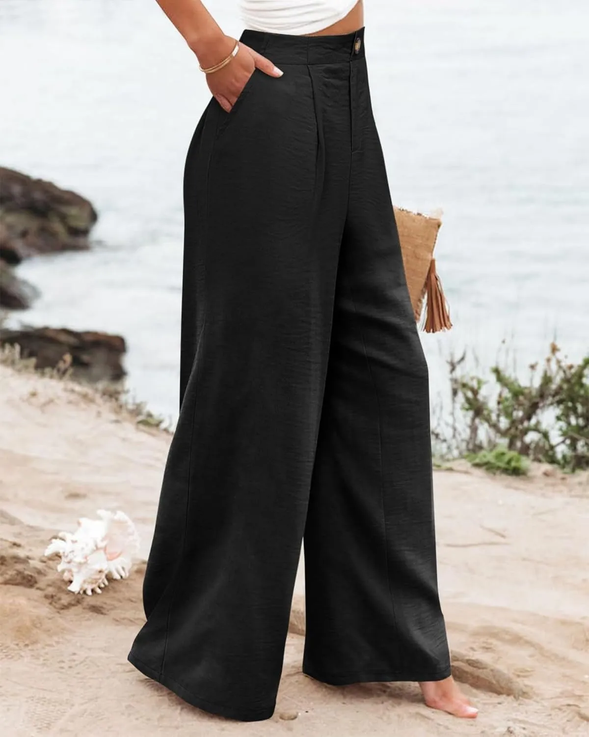 Mmoneyake Wide Leg Pants for Women High Waist Long Palazzo Pants Button Down Loose Business Work Office Trousers with Pockets