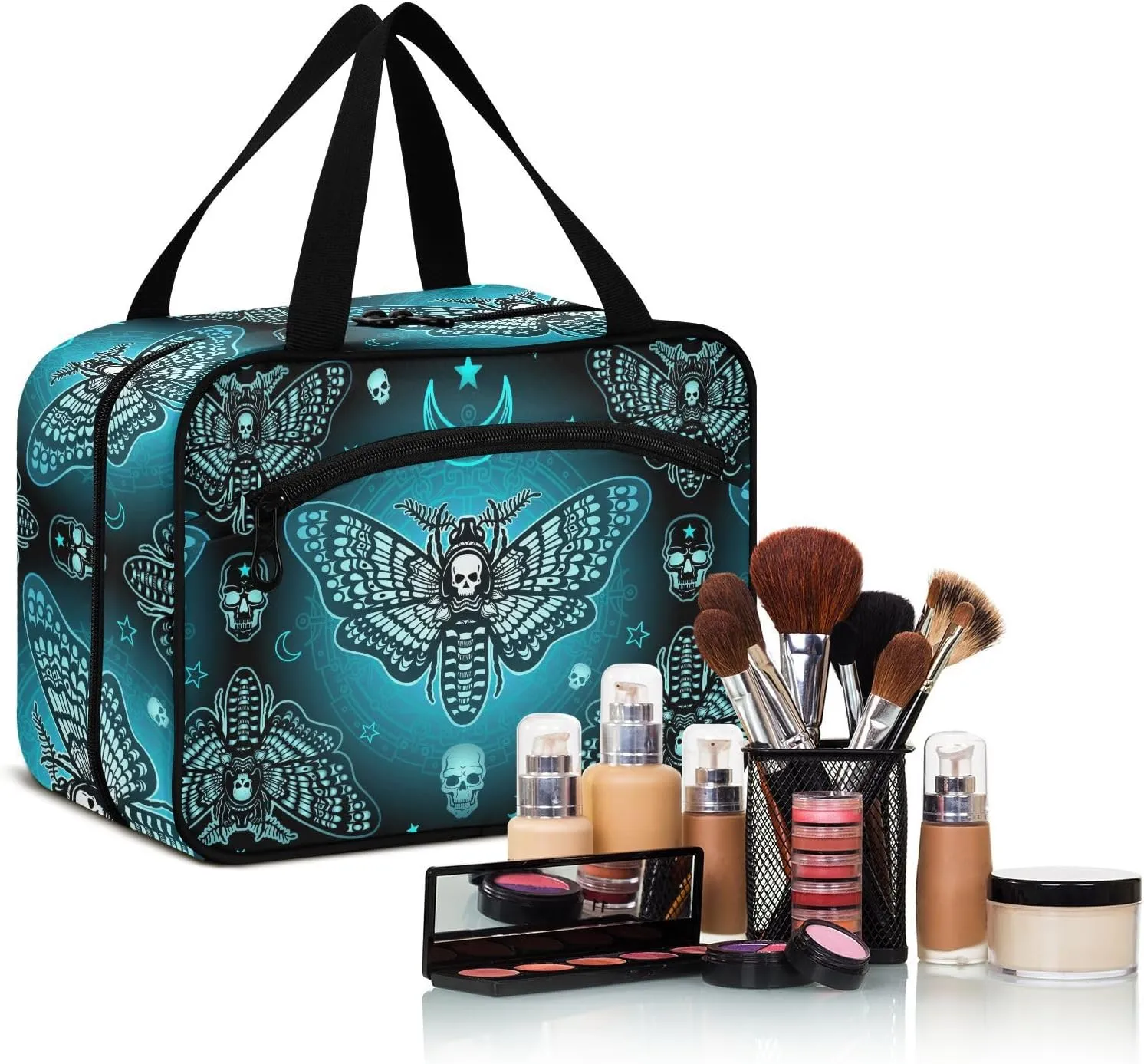 MNSRUU Hanging Toiletry Bags for Women Travel, Gothic Butterfly Skull Blue Toiletry Organizer Portable Travel Toiletry Bags Clear Wash Bags Makeup Bag Cosmetic Bag