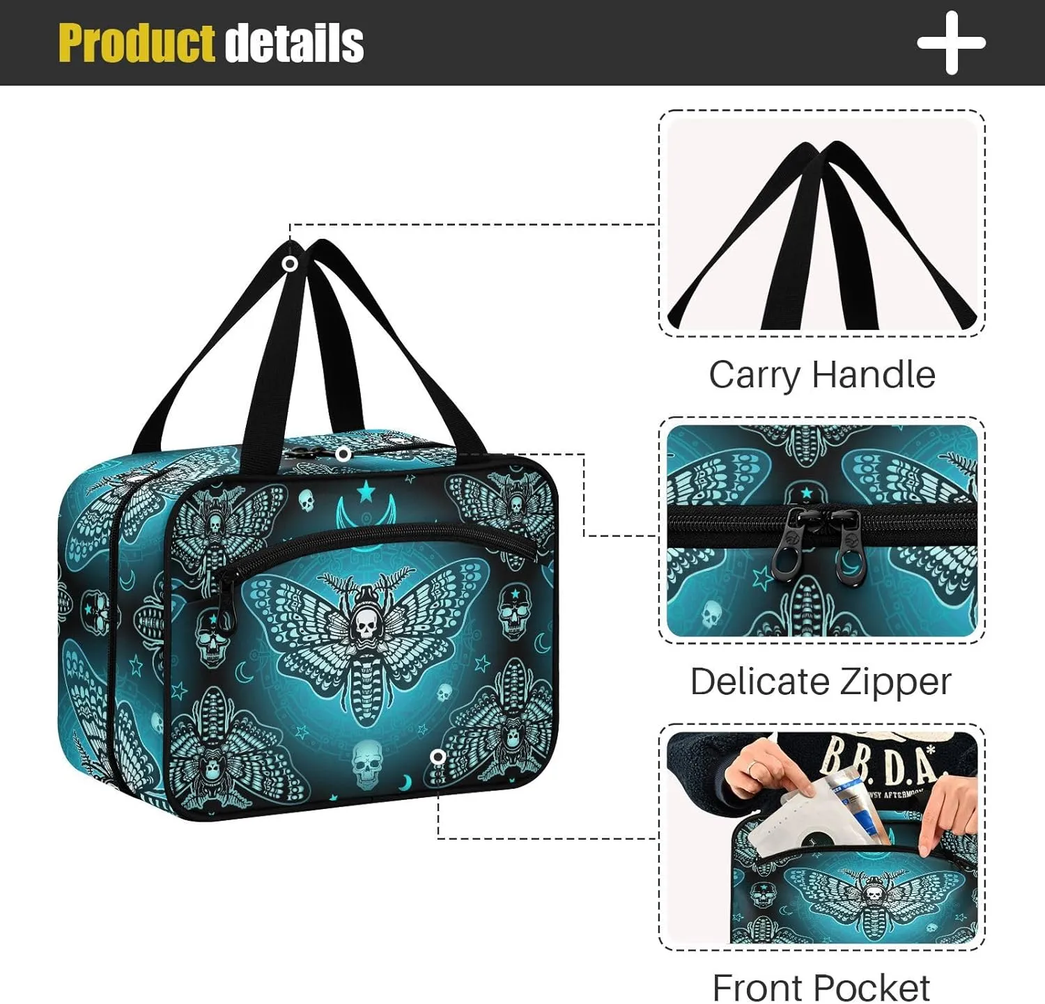 MNSRUU Hanging Toiletry Bags for Women Travel, Gothic Butterfly Skull Blue Toiletry Organizer Portable Travel Toiletry Bags Clear Wash Bags Makeup Bag Cosmetic Bag