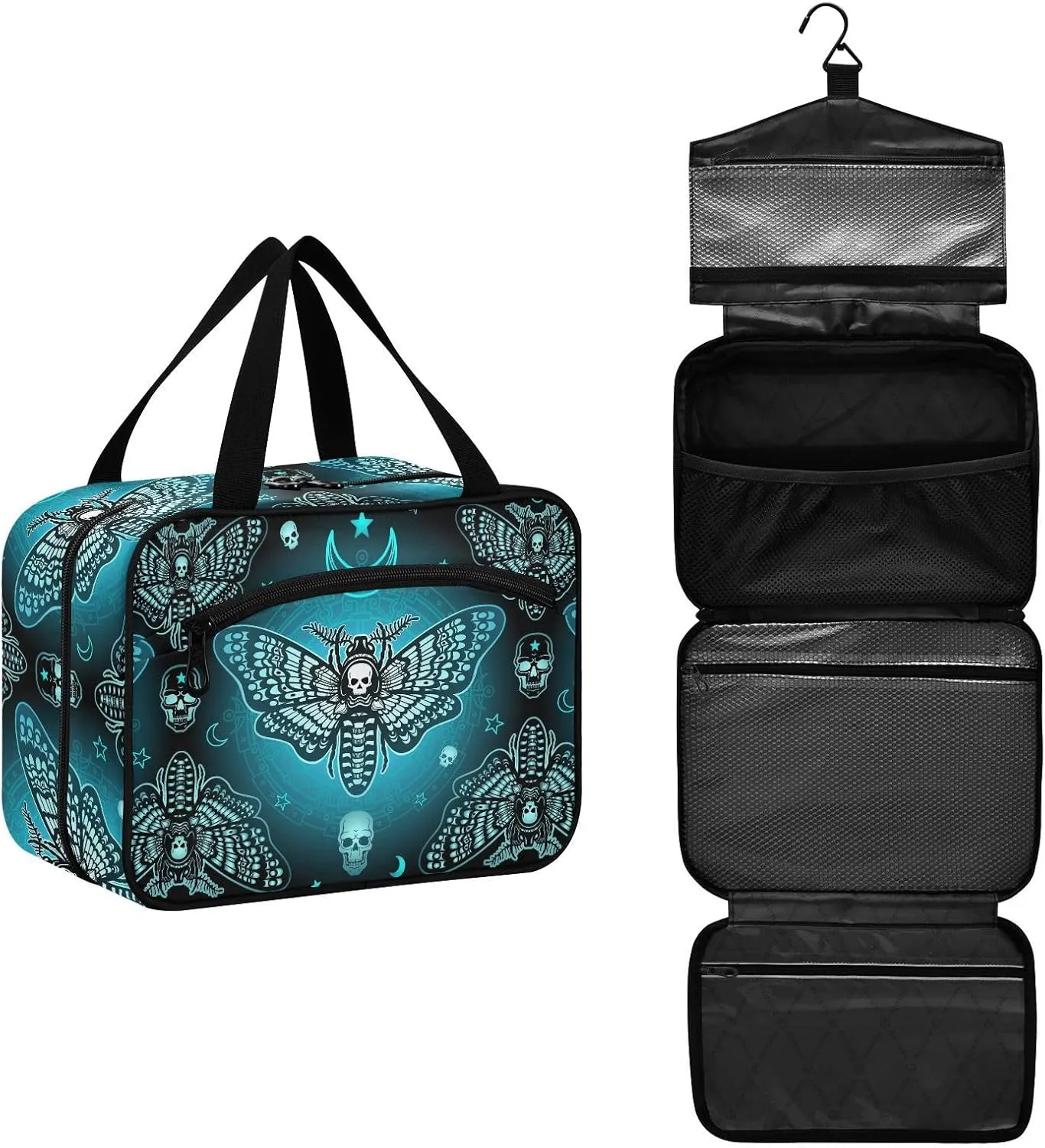 MNSRUU Hanging Toiletry Bags for Women Travel, Gothic Butterfly Skull Blue Toiletry Organizer Portable Travel Toiletry Bags Clear Wash Bags Makeup Bag Cosmetic Bag