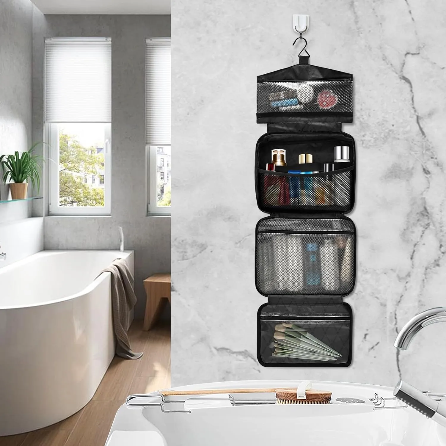 MNSRUU Hanging Toiletry Bags for Women Travel, Gothic Butterfly Skull Blue Toiletry Organizer Portable Travel Toiletry Bags Clear Wash Bags Makeup Bag Cosmetic Bag