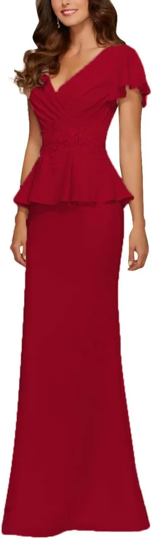 Mother of The Bride Dresses Chiffon Long Formal Evening Gowns Peplum Prom Party Dress Beads Applique Burgundy US 26W