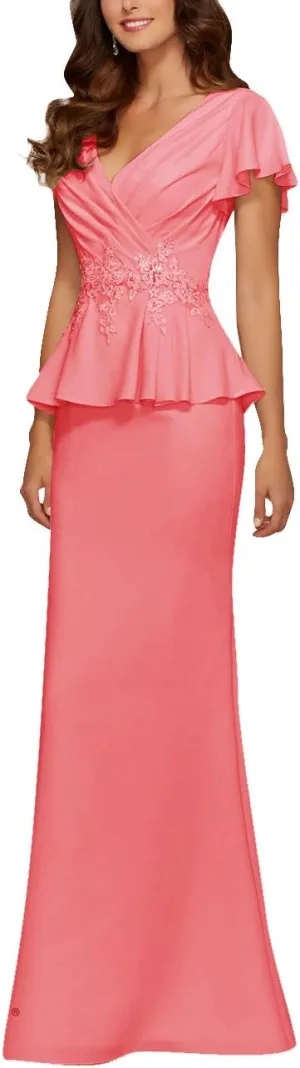 Mother of The Bride Dresses Chiffon Long Formal Evening Gowns Peplum Prom Party Dress Beads Applique Coral US 2