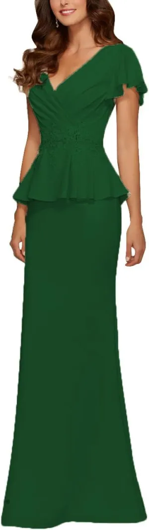 Mother of The Bride Dresses Chiffon Long Formal Evening Gowns Peplum Prom Party Dress Beads Applique Dark_Green US 8