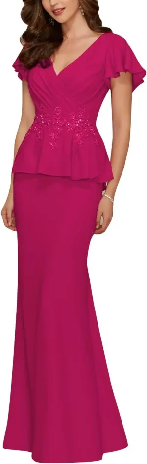 Mother of The Bride Dresses Chiffon Long Formal Evening Gowns Peplum Prom Party Dress Beads Applique Fuchsia US 8