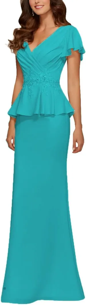 Mother of The Bride Dresses Chiffon Long Formal Evening Gowns Peplum Prom Party Dress Beads Applique Jade US 4