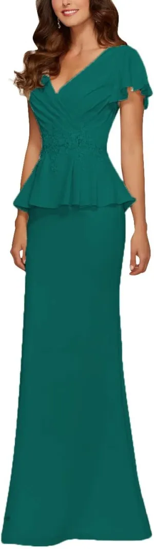 Mother of The Bride Dresses Chiffon Long Formal Evening Gowns Peplum Prom Party Dress Beads Applique Peacock US 26W