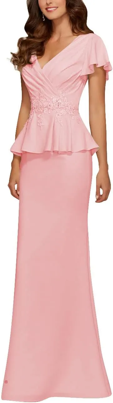 Mother of The Bride Dresses Chiffon Long Formal Evening Gowns Peplum Prom Party Dress Beads Applique Pink US 14