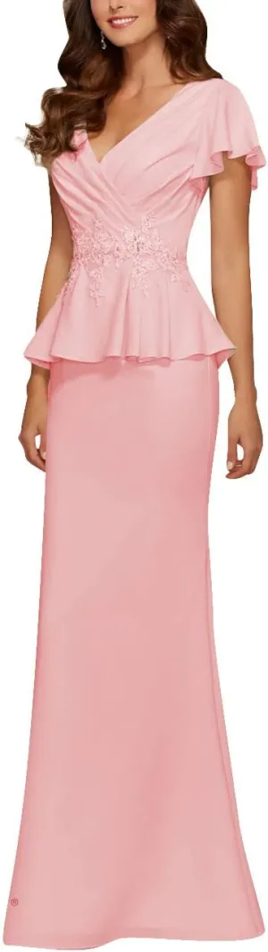 Mother of The Bride Dresses Chiffon Long Formal Evening Gowns Peplum Prom Party Dress Beads Applique Pink US 14