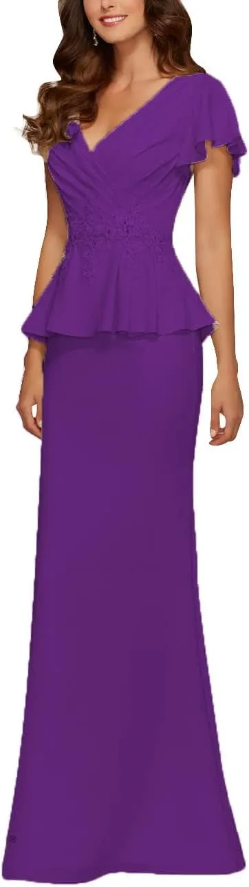 Mother of The Bride Dresses Chiffon Long Formal Evening Gowns Peplum Prom Party Dress Beads Applique Purple US 26W
