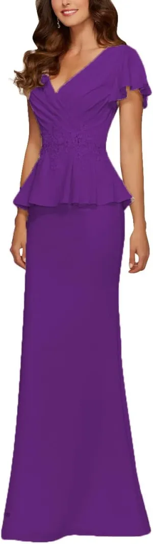 Mother of The Bride Dresses Chiffon Long Formal Evening Gowns Peplum Prom Party Dress Beads Applique Purple US 26W
