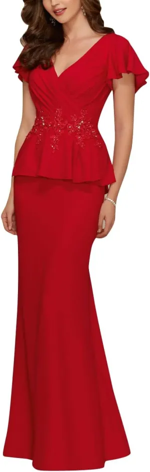 Mother of The Bride Dresses Chiffon Long Formal Evening Gowns Peplum Prom Party Dress Beads Applique Red US 22W