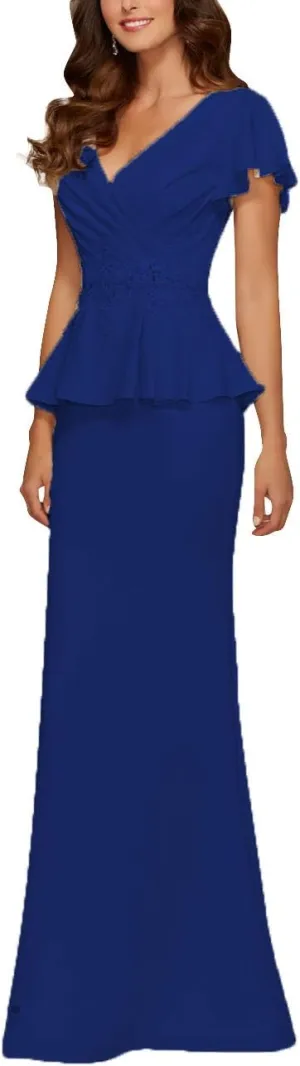 Mother of The Bride Dresses Chiffon Long Formal Evening Gowns Peplum Prom Party Dress Beads Applique RoyalBlue US 20W