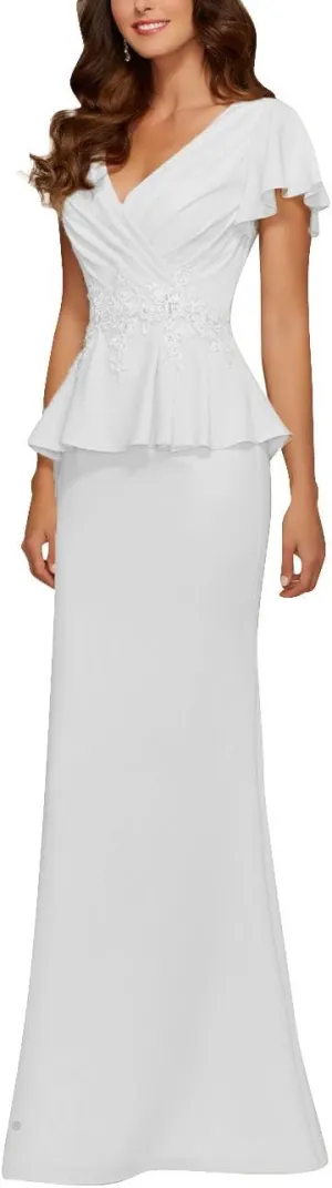 Mother of The Bride Dresses Chiffon Long Formal Evening Gowns Peplum Prom Party Dress Beads Applique White US 24W