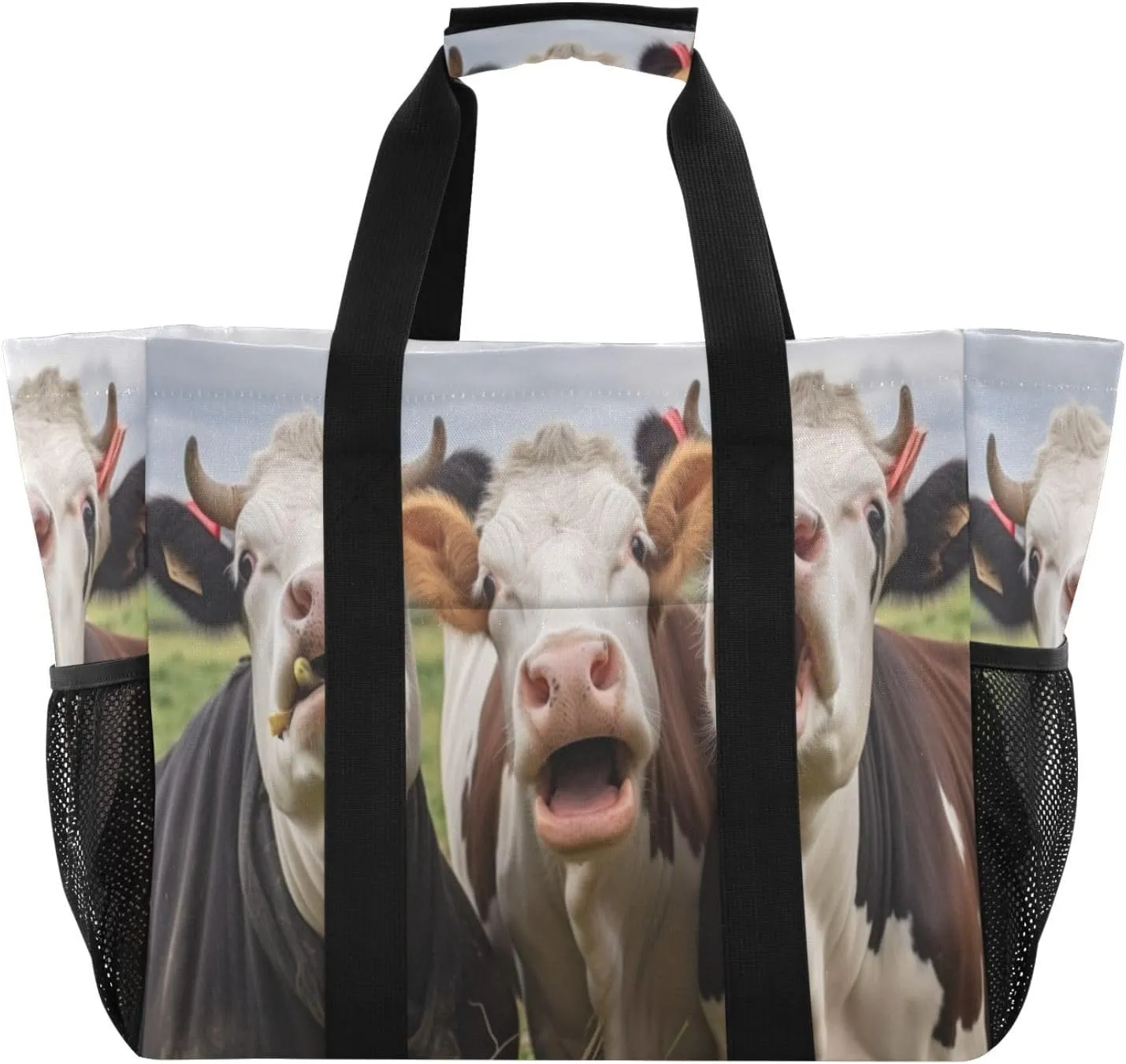 Nander Interesting Three Cow Brothers Foldable Tote Bag Waterproof Sandproof Women Beach Bag Handbag Gym Bag Travel Shopping Bag