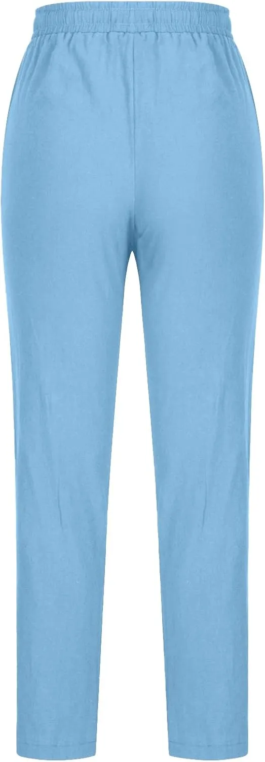 NATHGAM Womens Pants Casual Dressy Summer Cotton Linen Trousers High Waist Straight Leg Loose Drawstring Lounge Beach Pants