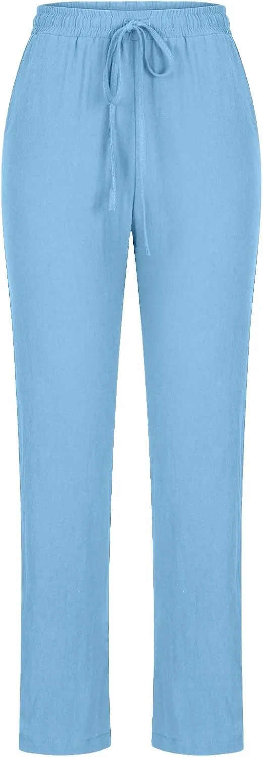 NATHGAM Womens Pants Casual Dressy Summer Cotton Linen Trousers High Waist Straight Leg Loose Drawstring Lounge Beach Pants