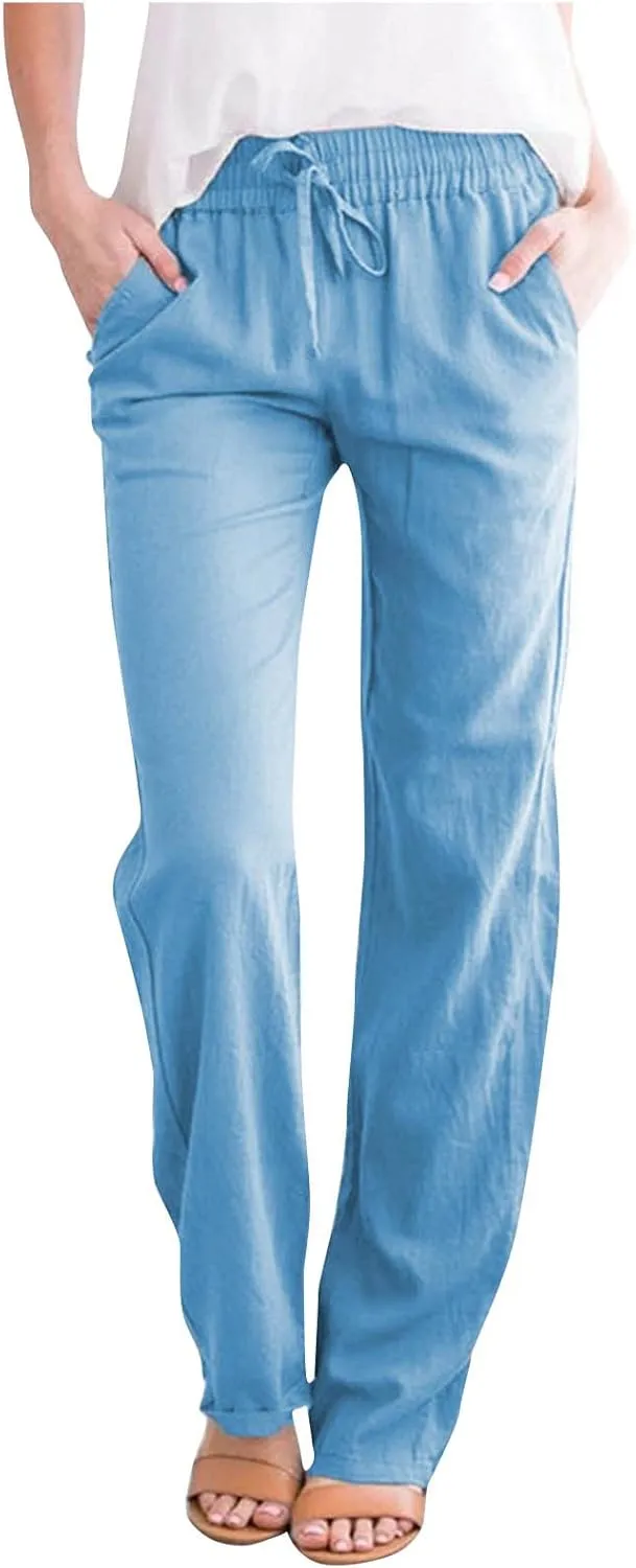 NATHGAM Womens Pants Casual Dressy Summer Cotton Linen Trousers High Waist Straight Leg Loose Drawstring Lounge Beach Pants