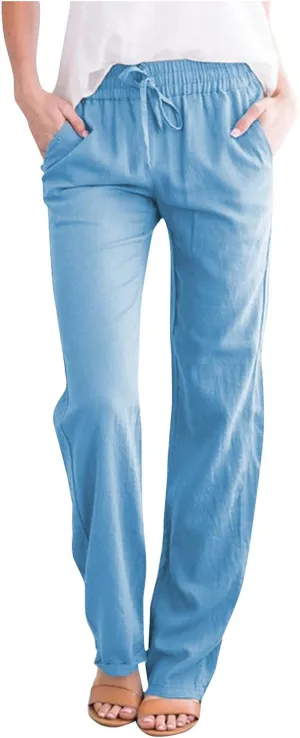 NATHGAM Womens Pants Casual Dressy Summer Cotton Linen Trousers High Waist Straight Leg Loose Drawstring Lounge Beach Pants