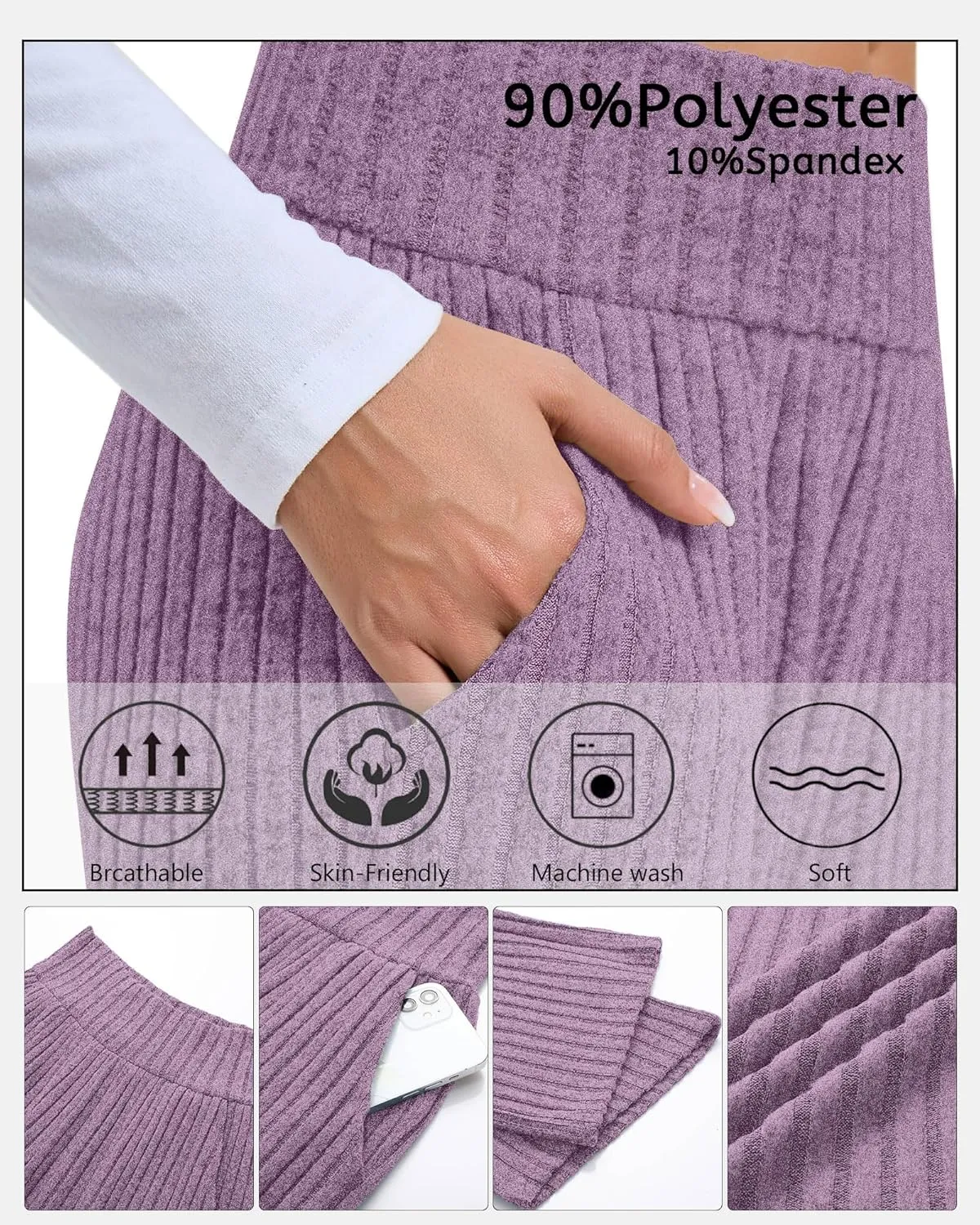 Neer Women's High Waist Wide Leg Lounge Pants Ribbed Knit Loose Trousers Flowy Comfy Thick Sweatpants with Pockets