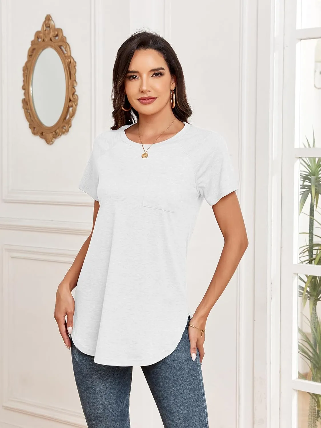 Newchoice Women's Short Sleeve Tunic Tops Casual Round Neck Loose Summer Basic Shirts With Pockets