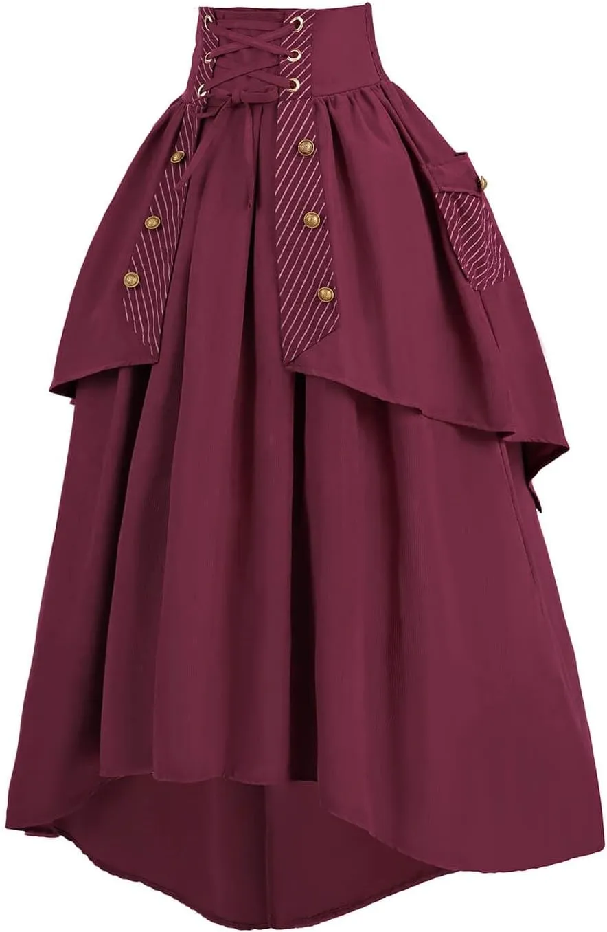 Nuoqi Women Renaissance Skirt High Low Victorian Skirt Long Flowy Maxi Skirt with Pocket