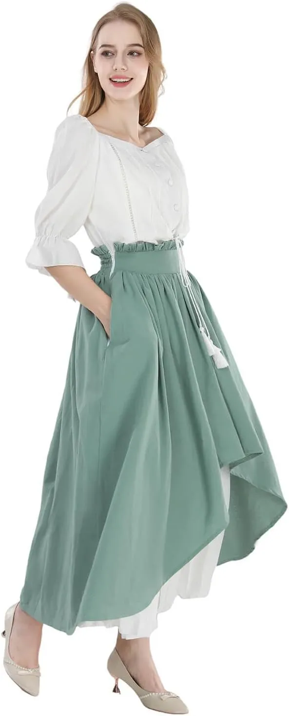 Nuoqi Women Renaissance Skirt Long Victorian Skirt Summer Flowy Maxi Skirt with Pocket Green