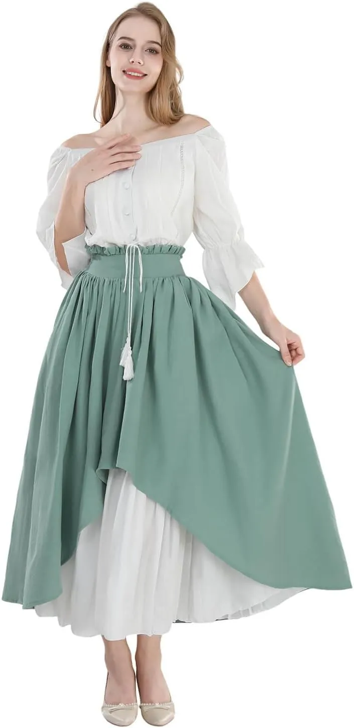 Nuoqi Women Renaissance Skirt Long Victorian Skirt Summer Flowy Maxi Skirt with Pocket Green
