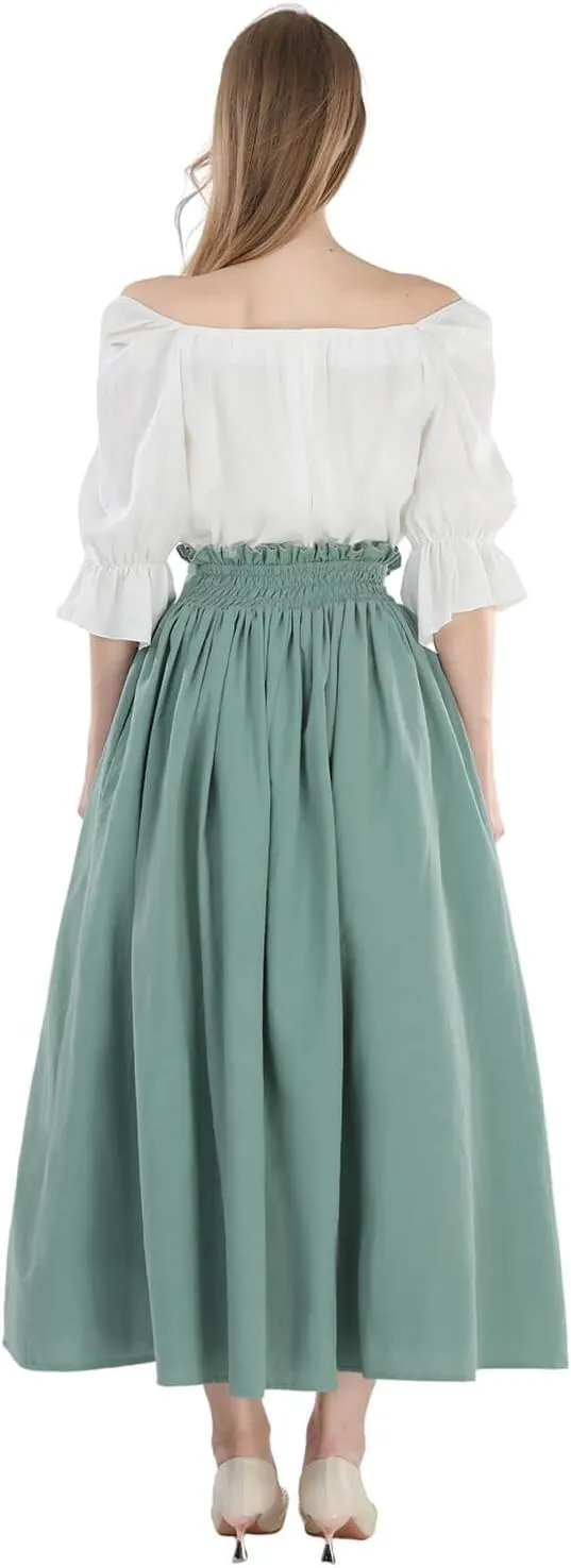 Nuoqi Women Renaissance Skirt Long Victorian Skirt Summer Flowy Maxi Skirt with Pocket Green