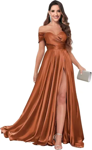Off The Shoulder Bridesmaid Dresses for Women Long Pleated Satin Formal Dresses Evening Gown