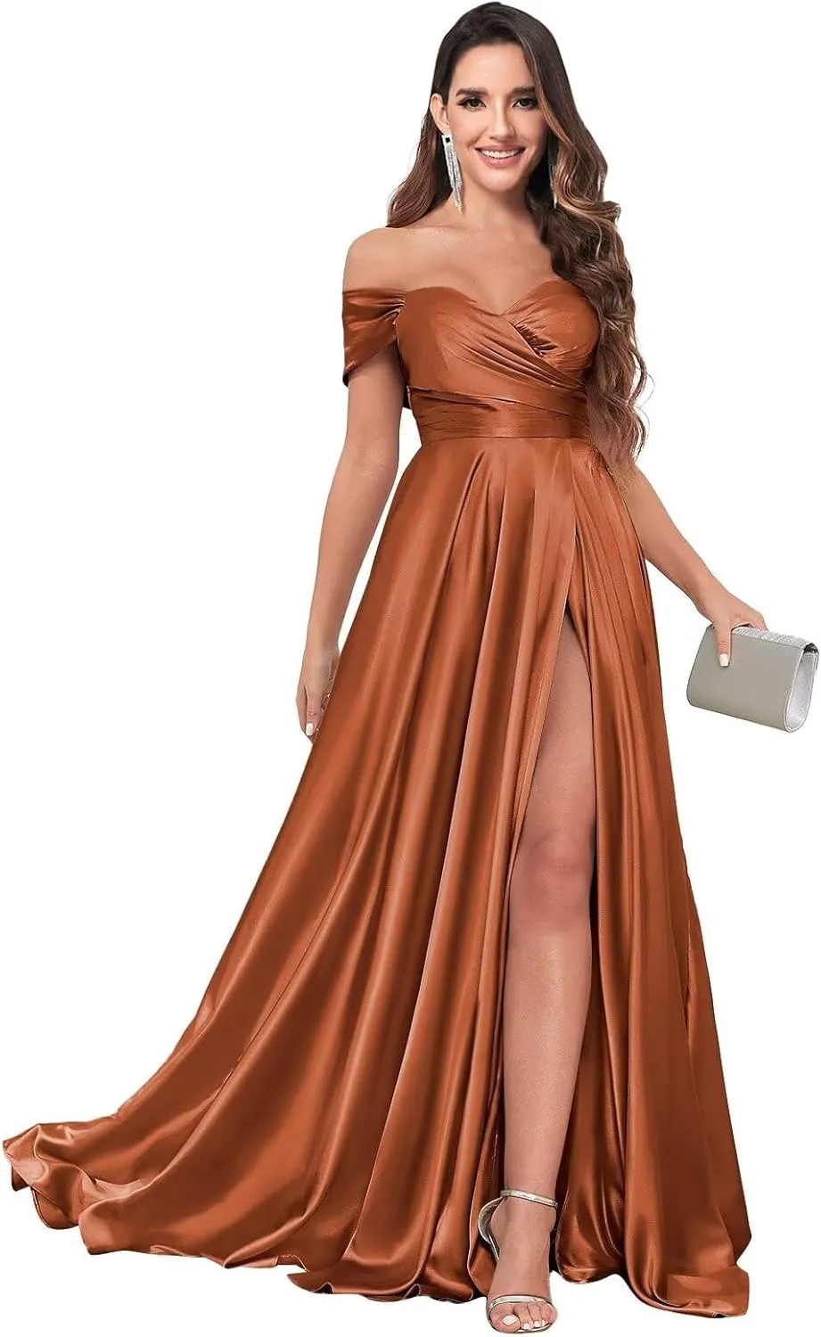 Off The Shoulder Bridesmaid Dresses for Women Long Pleated Satin Formal Dresses Evening Gown