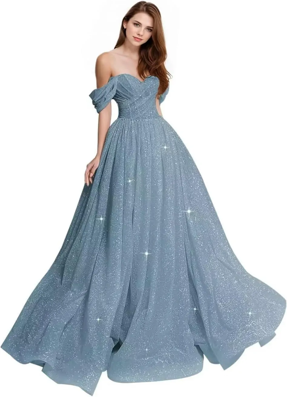 Off The Shoulder Prom Dress 2025 Glitter Tulle Ball Gown A Line Long Formal Evening Dresses