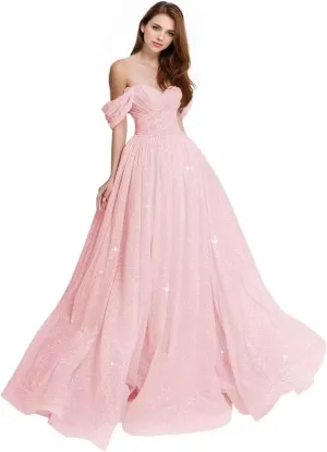 Off The Shoulder Prom Dress 2025 Glitter Tulle Ball Gown A Line Long Formal Evening Dresses