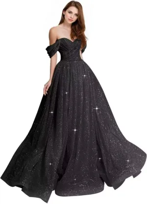Off The Shoulder Prom Dress 2025 Glitter Tulle Ball Gown A Line Long Formal Evening Dresses