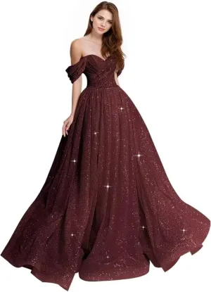 Off The Shoulder Prom Dress 2025 Glitter Tulle Ball Gown A Line Long Formal Evening Dresses