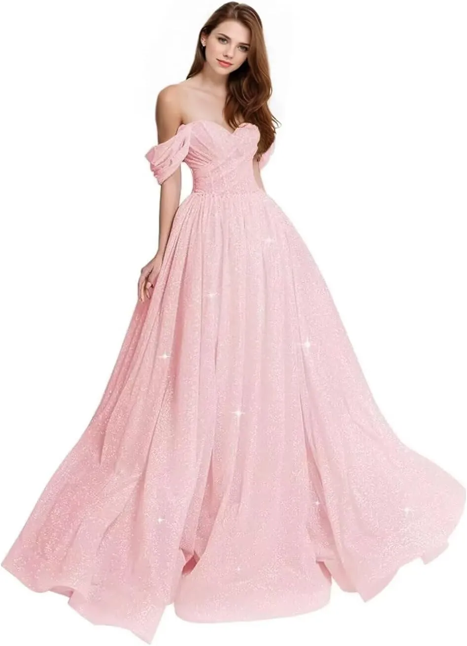 Off The Shoulder Prom Dress 2025 Glitter Tulle Ball Gown A Line Long Formal Evening Dresses