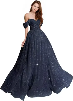Off The Shoulder Prom Dress 2025 Glitter Tulle Ball Gown A Line Long Formal Evening Dresses