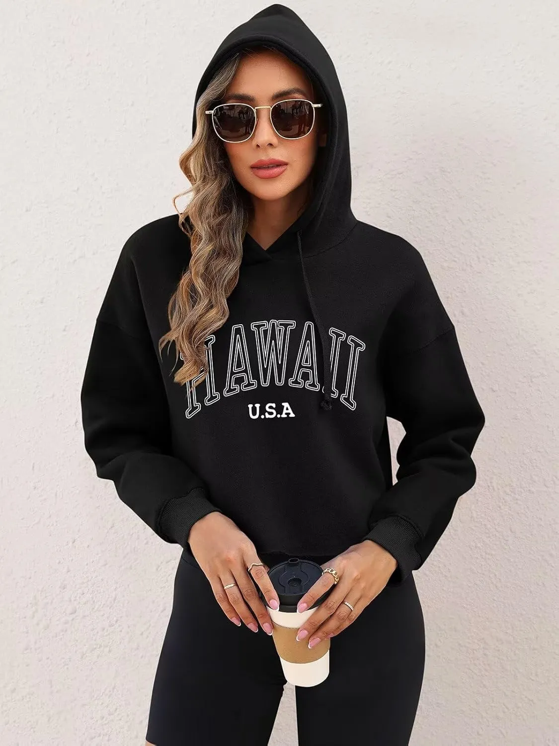 ORANDESIGNE Woman Letter Graphic Print Cropped Hoodie Long Sleeve Crop Fleece Casual Workout Loose Pullover Sweatshirt Tops