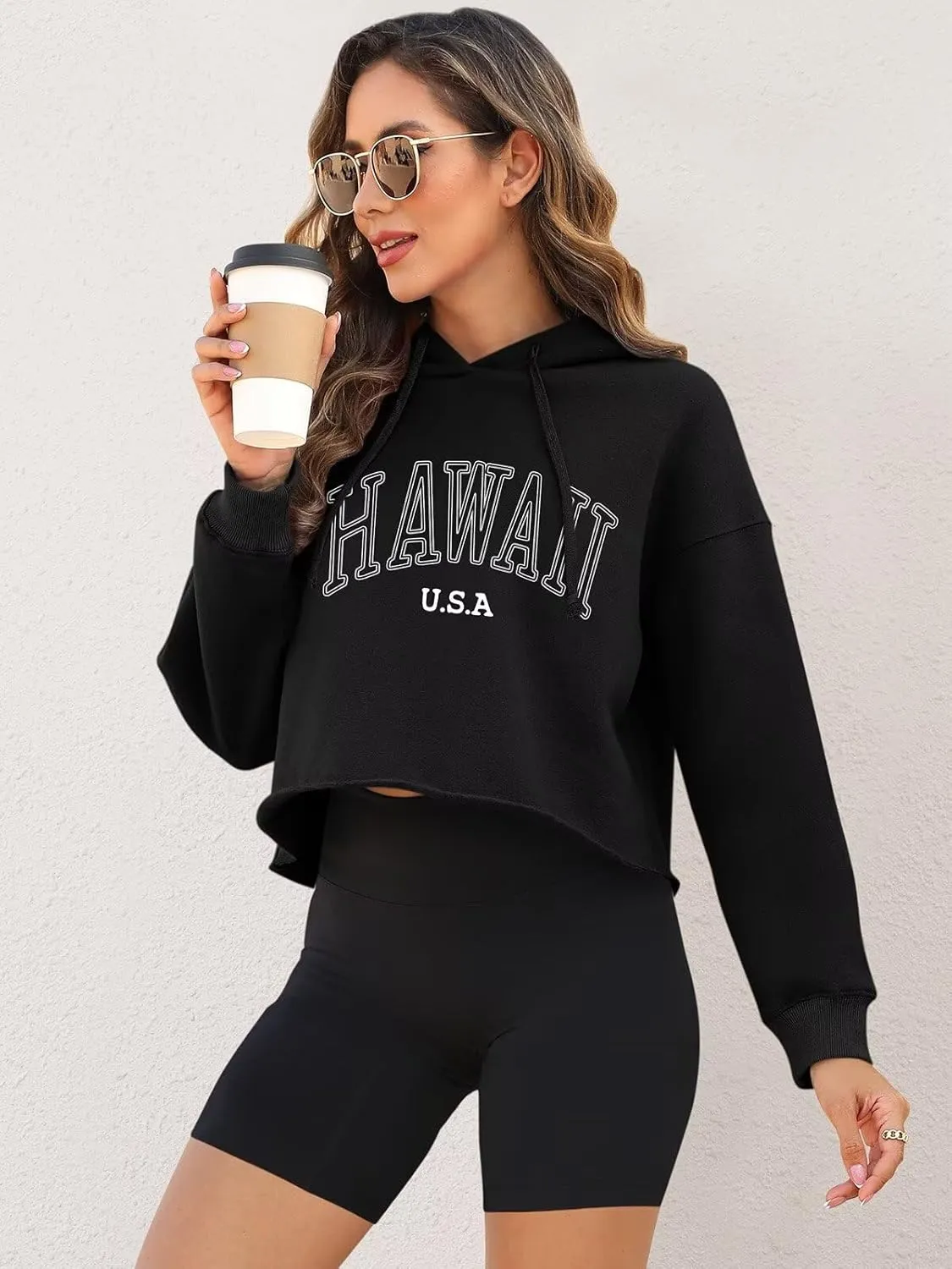 ORANDESIGNE Woman Letter Graphic Print Cropped Hoodie Long Sleeve Crop Fleece Casual Workout Loose Pullover Sweatshirt Tops