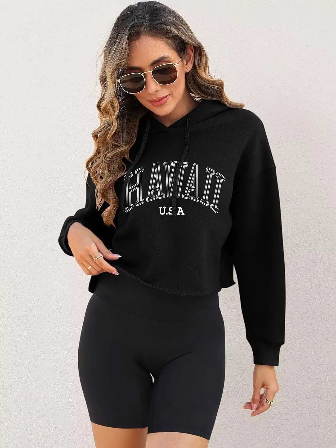 ORANDESIGNE Woman Letter Graphic Print Cropped Hoodie Long Sleeve Crop Fleece Casual Workout Loose Pullover Sweatshirt Tops