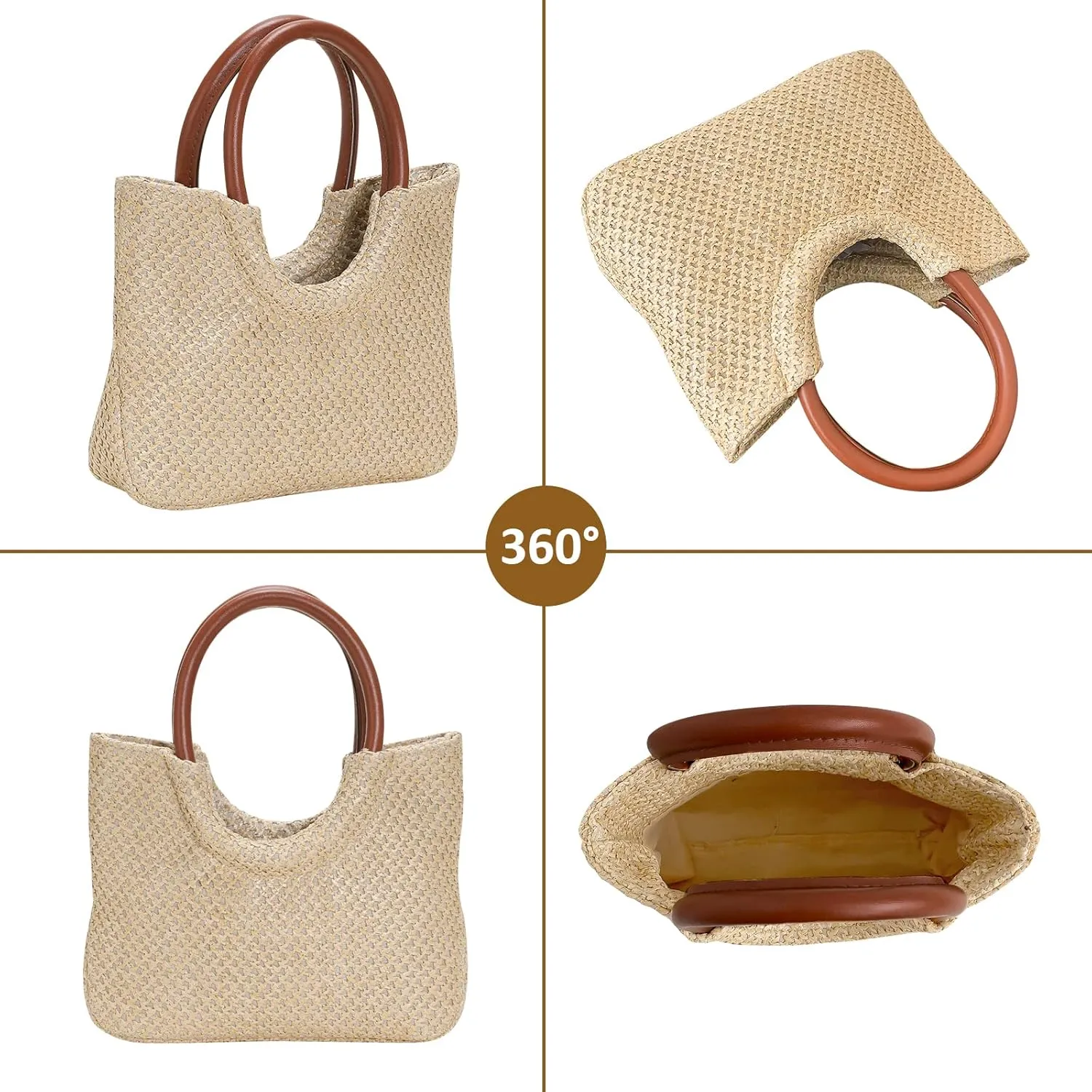 Orgone Straw Purse Hobo Bag Handwoven Tote Bag, Round Handle Ring Handbag Clutch Wallet, Summer Beach Purse for Women Travel