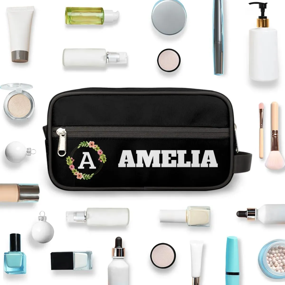 Personalized Floral Monogrammed Toiletry Bags for Women Custom Initial Letter Waterproof Cosmetic Makeup Bags Storage Bags with Handle for Bathroom Travel Work, Black
