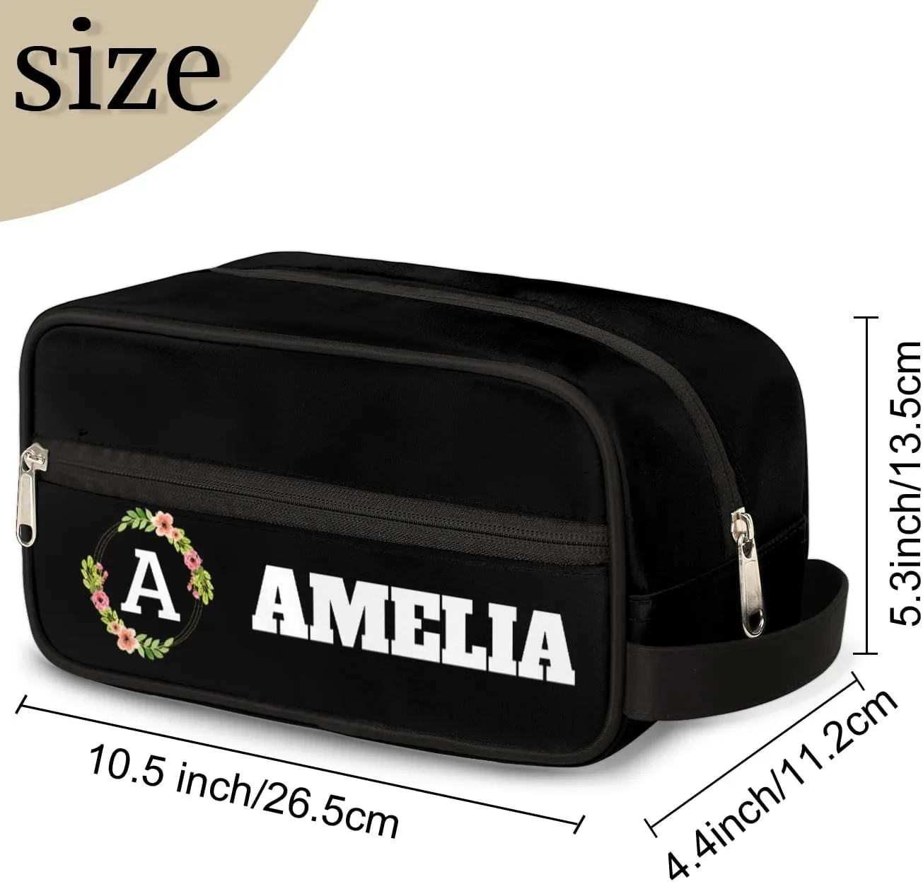 Personalized Floral Monogrammed Toiletry Bags for Women Custom Initial Letter Waterproof Cosmetic Makeup Bags Storage Bags with Handle for Bathroom Travel Work, Black