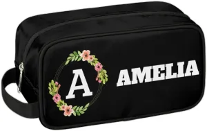 Personalized Floral Monogrammed Toiletry Bags for Women Custom Initial Letter Waterproof Cosmetic Makeup Bags Storage Bags with Handle for Bathroom Travel Work, Black