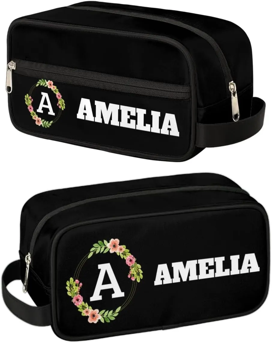 Personalized Floral Monogrammed Toiletry Bags for Women Custom Initial Letter Waterproof Cosmetic Makeup Bags Storage Bags with Handle for Bathroom Travel Work, Black