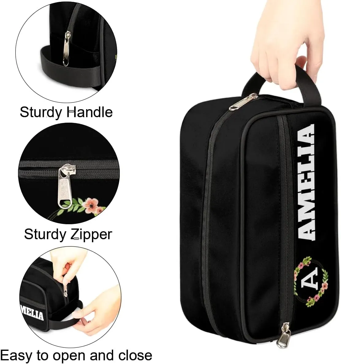 Personalized Floral Monogrammed Toiletry Bags for Women Custom Initial Letter Waterproof Cosmetic Makeup Bags Storage Bags with Handle for Bathroom Travel Work, Black