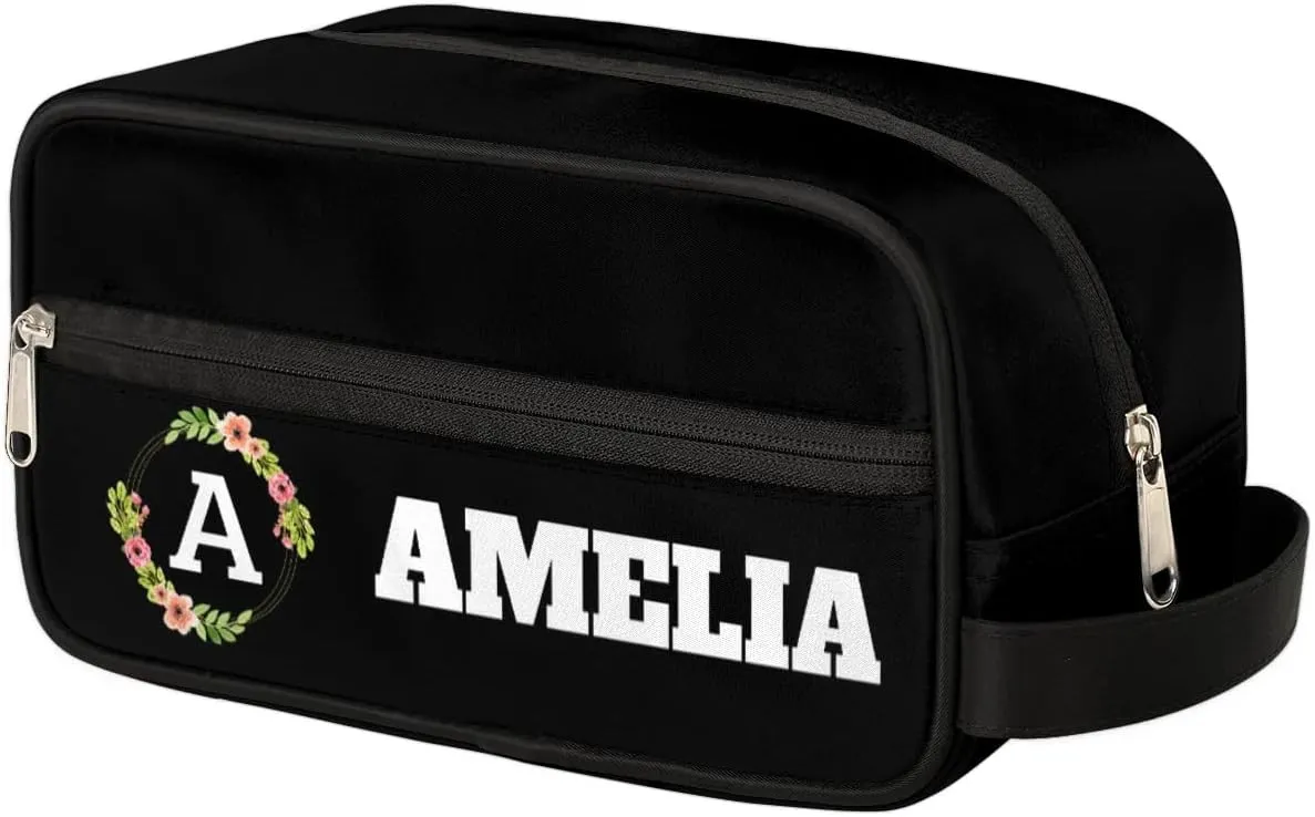 Personalized Floral Monogrammed Toiletry Bags for Women Custom Initial Letter Waterproof Cosmetic Makeup Bags Storage Bags with Handle for Bathroom Travel Work, Black