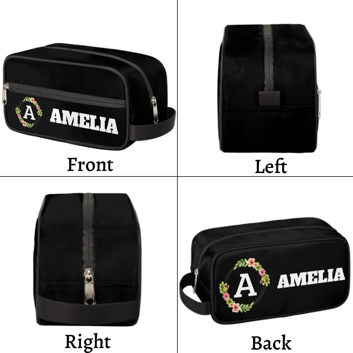 Personalized Floral Monogrammed Toiletry Bags for Women Custom Initial Letter Waterproof Cosmetic Makeup Bags Storage Bags with Handle for Bathroom Travel Work, Black