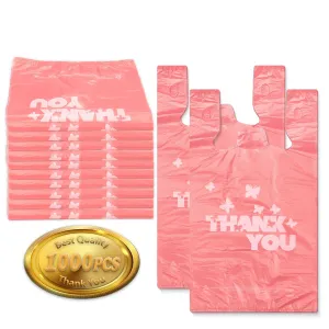 PINK Thank you bags, 1000PCS T shirt bags, To Go Bags,Grocery bags, Reusable and Disposable,Perfect for Small Business,Take Out,Retails,11"x6"x21"(1000)